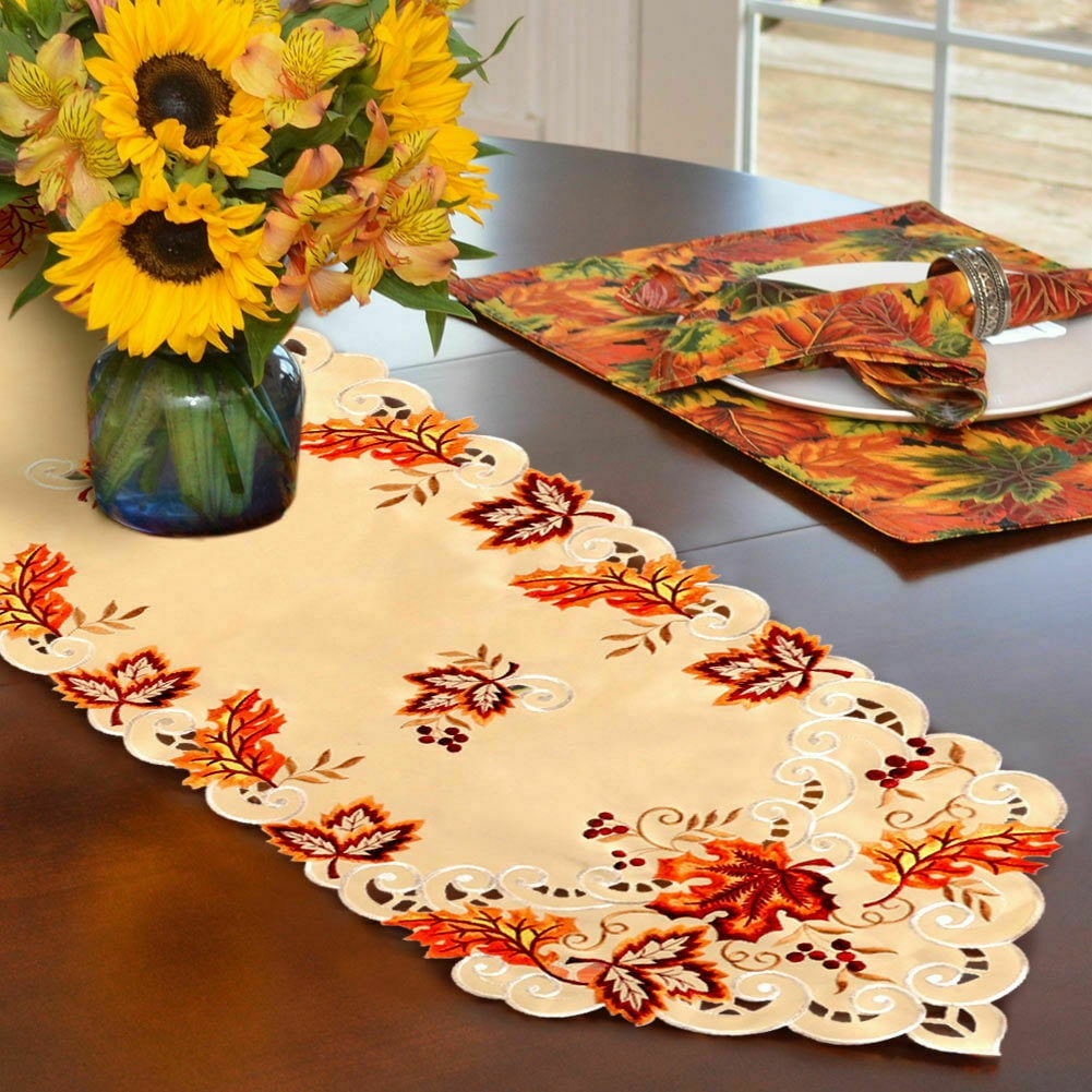 Coolmade 67 x 15 Inch Embroidered Maple Leaves Table Runner, Handmade Table Cover for Fall and Thanksgiving Party Decoration
