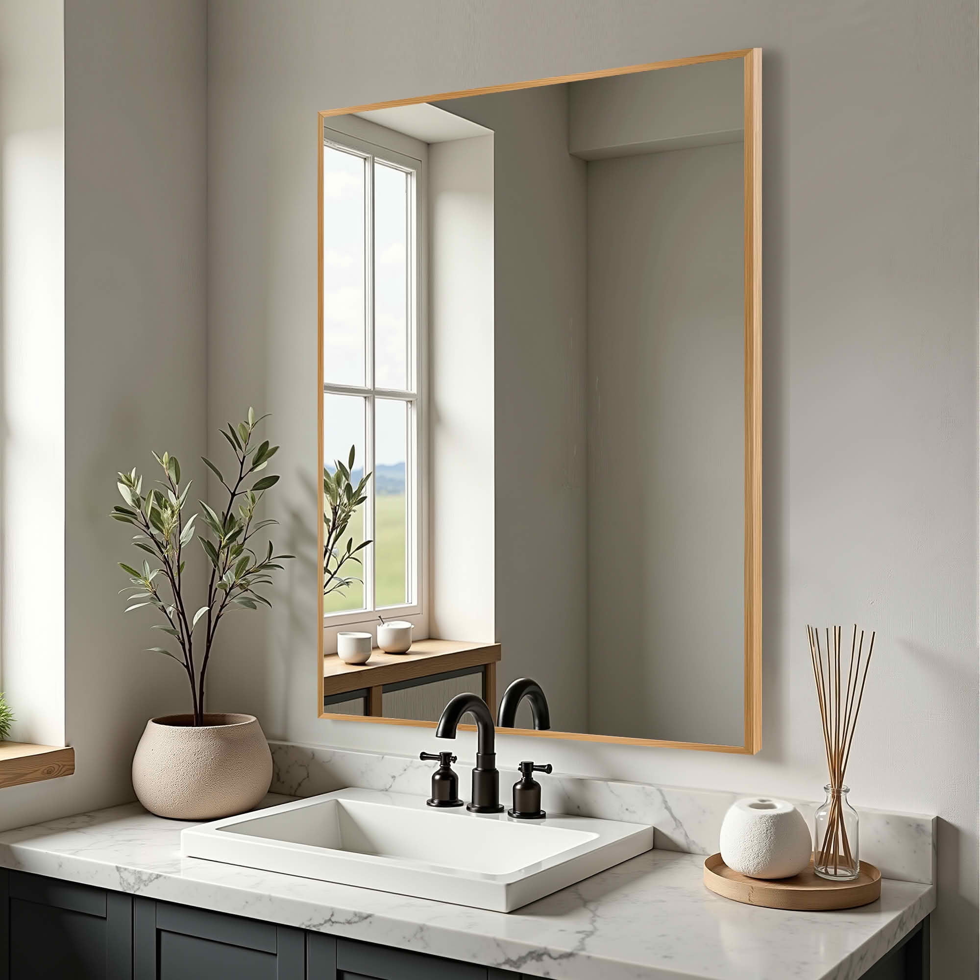 MAYEERTY 38x26x1 Inch Gold Thin Edge Aluminum Right Angle Rectangular Wall Mounted Mirror for Bathroom