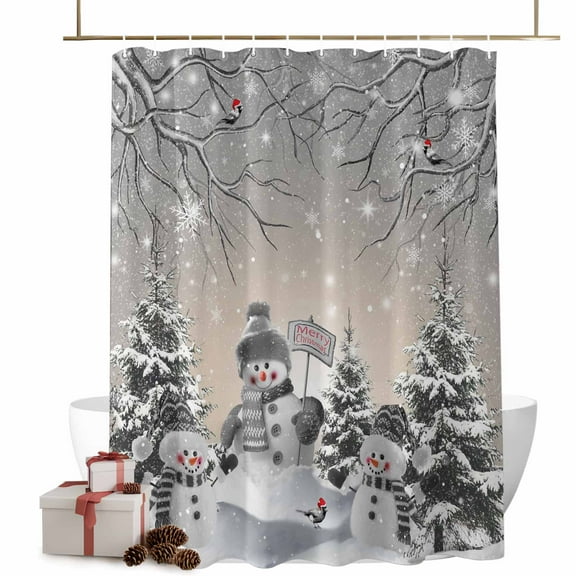 Shower Curtain 36"W x 78"L Winter Christmas Gray Snowman Xmas Trees Fabric Shower Curtains Set with Hooks Water Repellent Bathroom Curtains Machine Washable Bathroom Accessories