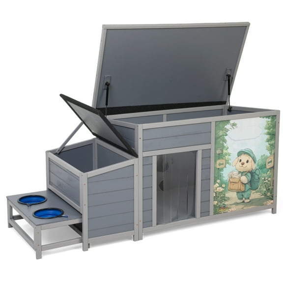 Jaxpety Dog House Outdoor Wooden Dog Kennel for Medium to Large Dogs with Weatherproof Roof, Slow Food Bowls, Storage Box