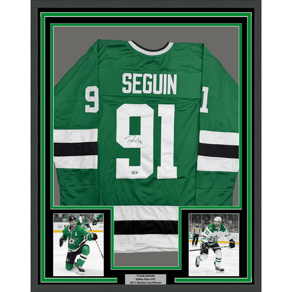 Framed Autographed/Signed Tyler Seguin 35x39 Dallas Green Hockey Jersey Beckett BAS COA