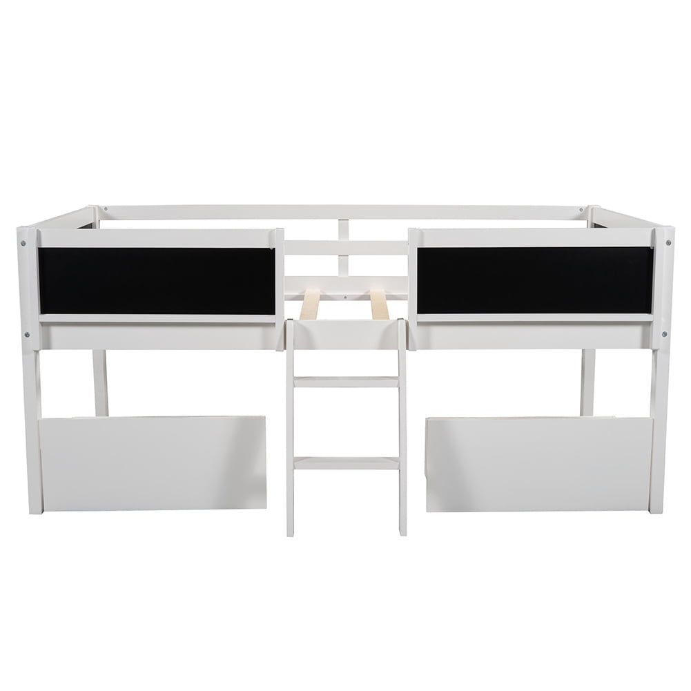 Kadyn Twin Size Low Loft Bed with Two Drawers,with Decorative Guardrail Chalkboard,White