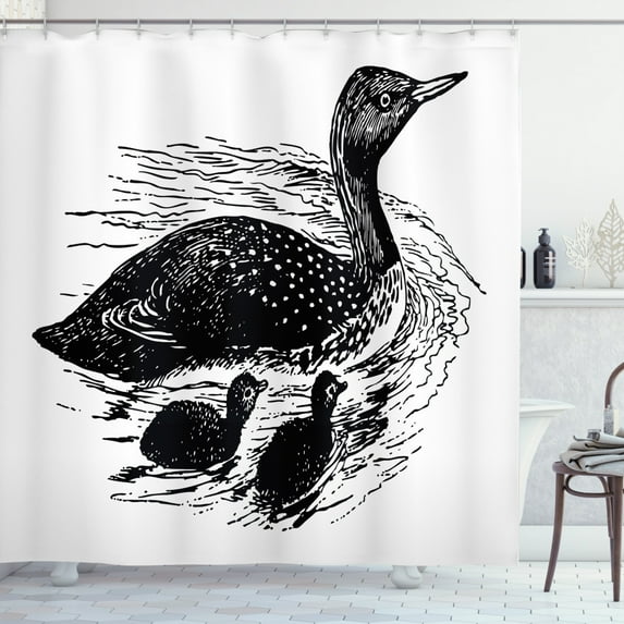 Loon Shower Curtain, Hand Drawn Animalistic Family Sketch Swiftly Floating on Water Bird Species, Fabric Bathroom Set with Hooks, 69W X 75L Inches Long, Charcoal Grey White, by Ambesonne