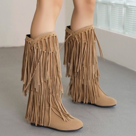 

Sehao Women s Mid Women s Plus Size Winter Chunky Heel Fringe Boots Inside Booster Mid Length Boots Bag&Shoes Accessory Beige 42