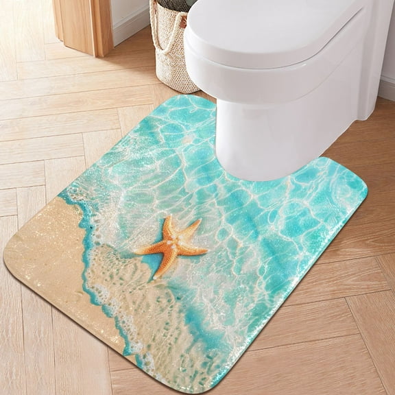 Toilet Rug U-Shaped Bathroom Rugs Non-Slip Soft Plush Machine Washable Contour Bath Mat Starfish with Blue Sea 24x20