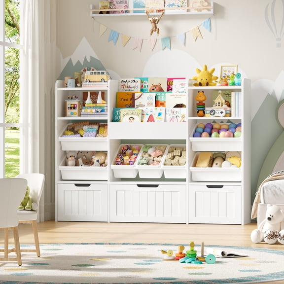 Hiphuta 56”W Kids Toy Storage Organizer with Bookshelf, 3 Removable Drawers & 7 Toy Boxes, Large Wood Toy Organizer for Playroom, Bedroom & Living Room, White