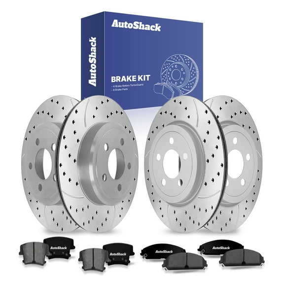 AutoShack Front & Rear Brake Rotors & Premium Pads for Dodge & Chrysler, Charger 2006-2014 300 2005-2014, AWD RWD V6 3.5L 3.6L V8 5.7L - Coated Drilled & Slotted - Silver Matte Finish - TurboGuard
