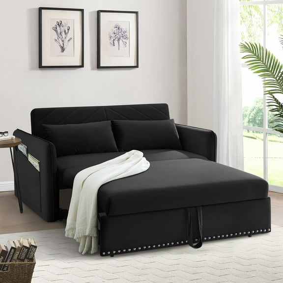 Dinosisco Convertible Sleeper Loveseat with USB, 55" Velvet Futon Sofa Bed, Black