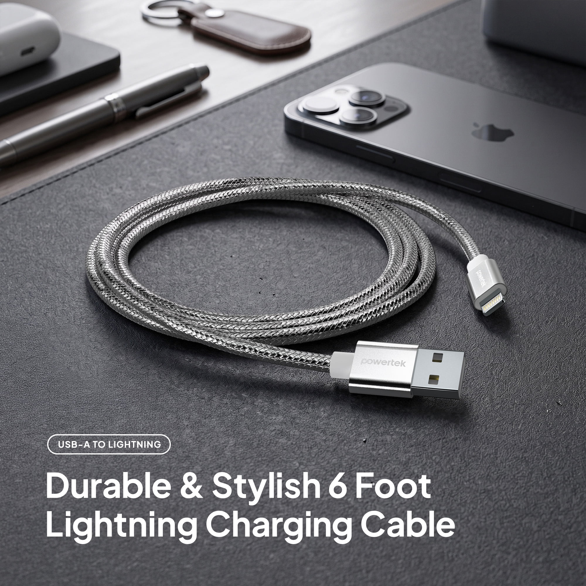 Powertek Luxe 6ft USB-A to Lightning Cable, Silver, Fast Charge & Sync, Metallic Mesh PVC Jacket, Durable Tangle-Free Design