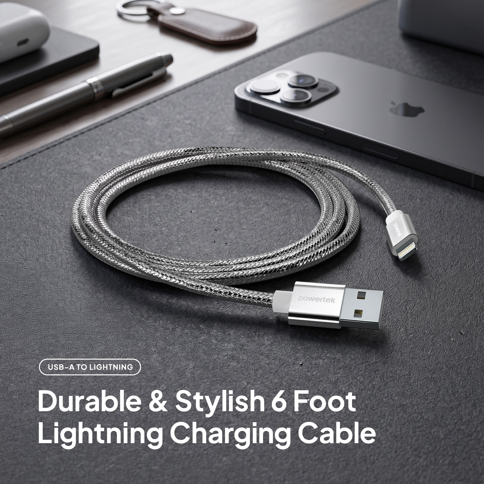 Liquipel Powertek Luxe USB-A to Lightning Cable, 6ft, Silver photo 2