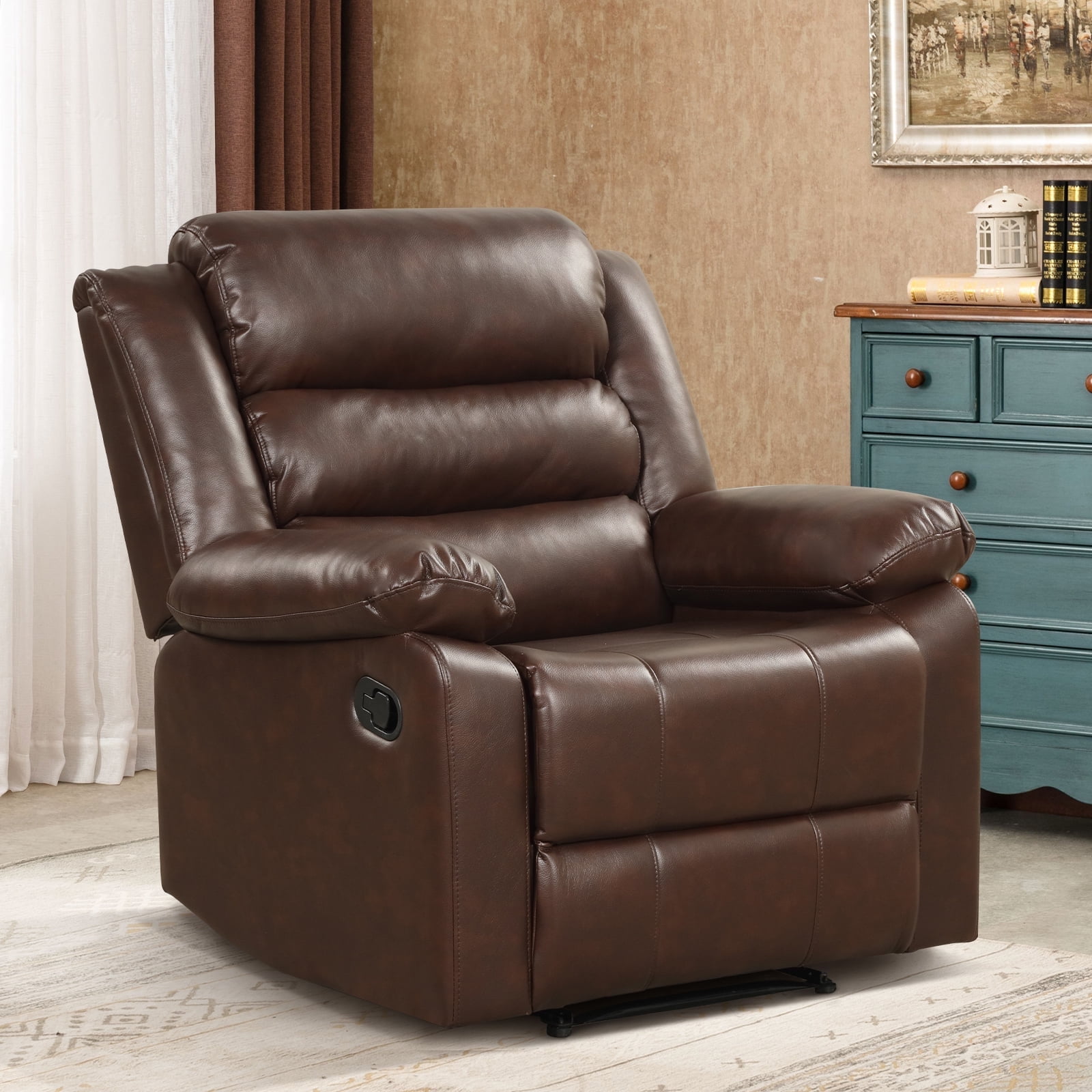 Bonzy Home Recliner Comfortable Arms and Back Faux Leather Single Reclining Chair Sofa for Living Room Bedroom, Coffee