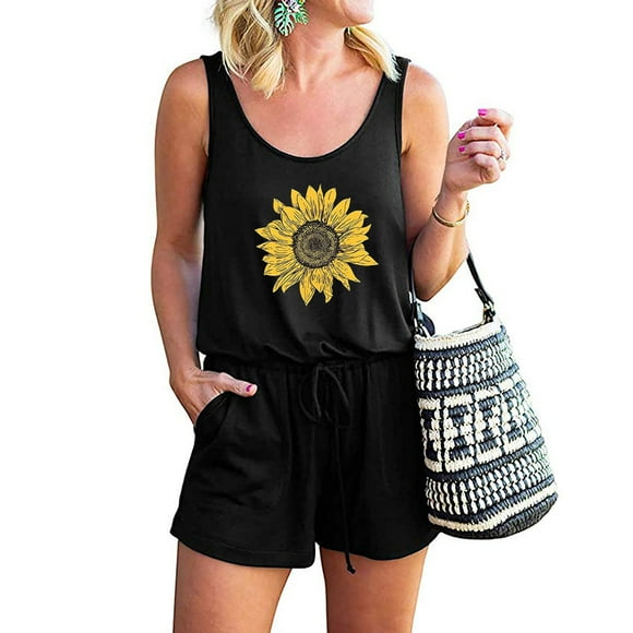 Aqestyerly Women Casual Fashion O-Neck Sunflower Print Sleeveless Pocket Belted Jumpsuit