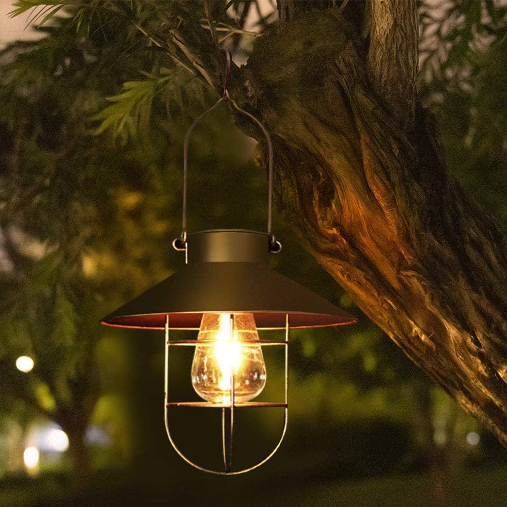 Solar LED Hanging Light Retro Hollow Lantern Outdoor Garden Yard Decoration Lamp 