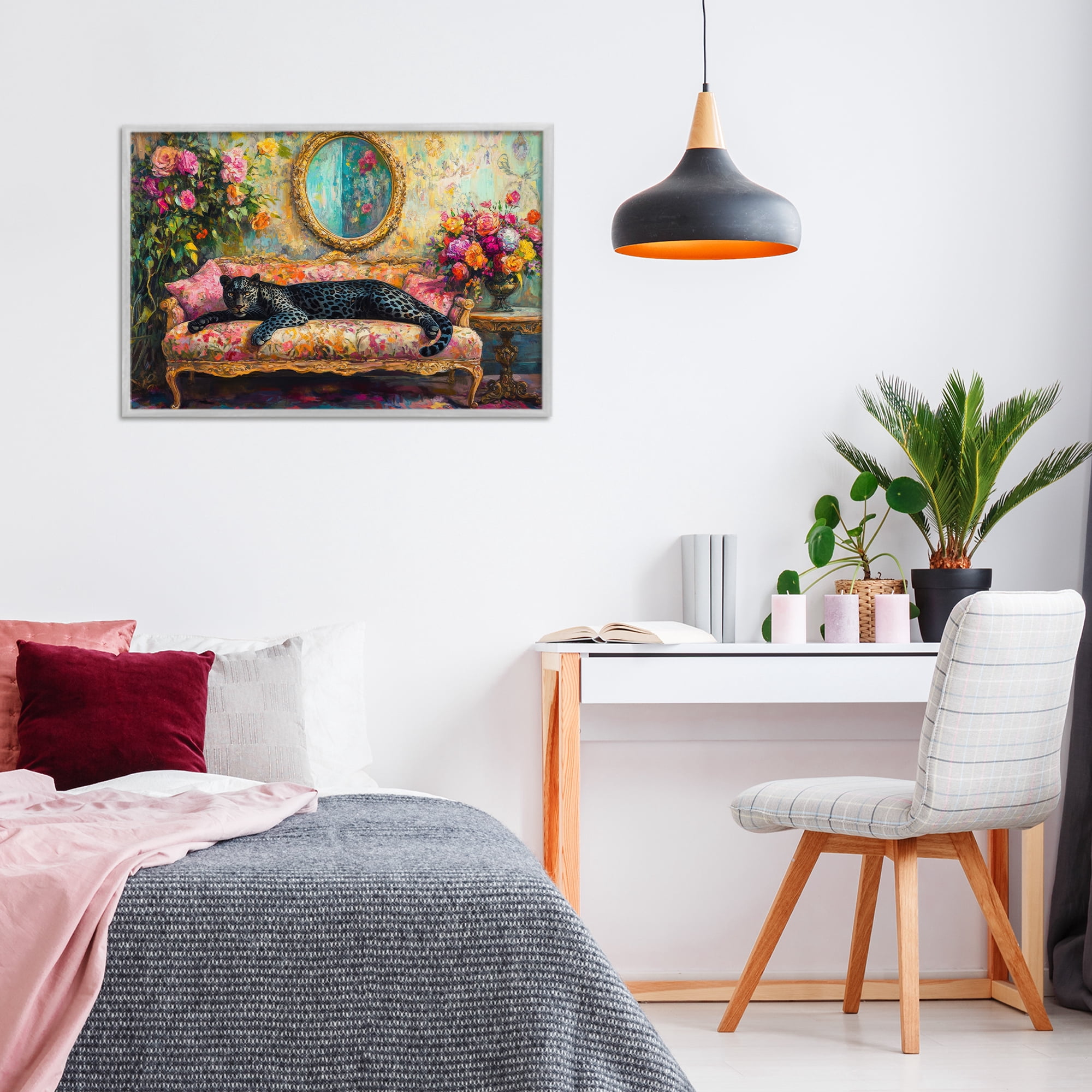 Stupell Industries Lounging Leopard on Floral Sofa Gray Framed Giclee Art, design by Petal Prints Design