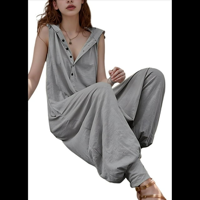Mono con Botones y Capucha para Mujer, Sin Mangas, con Bolsillos Gris XL