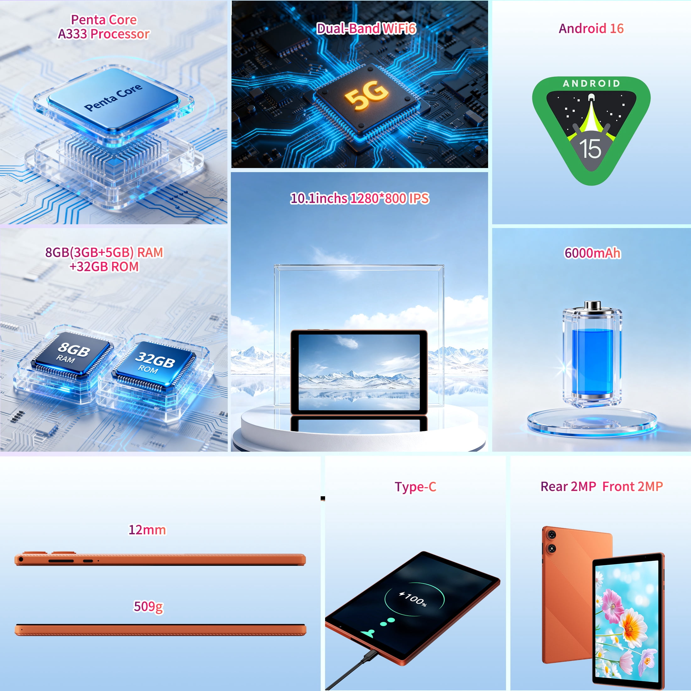 Android 16 Tablet 10.1 inch Tablet,8GB RAM 32GB ROM,WiFi 6,6000mAh Battery,1280 * 800 IPS Touch Screen,Metal Body,GMS Certified,Orange