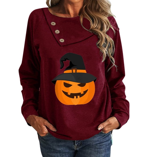 Hauts pour Femmes Mode Manches Longues Boutonné Imprimé Mignon Col Rond Pull Léger Tempérament Sport Blouse Douce (TTG, Vin)