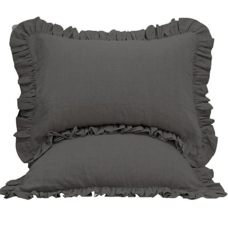 The Great American Store Premium Collections 600 Thread Count Solid 100% Cotton Decorative Set of 2 Ruffle Pillowshams (Euro 24 x 24, Grey)