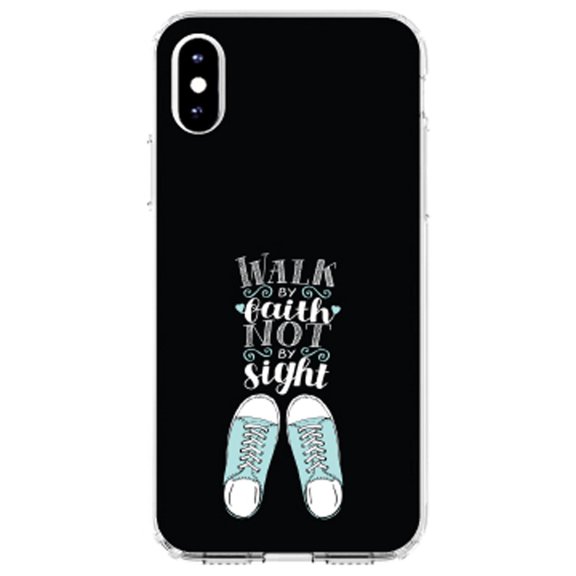 DistinctInk Clear Shockproof Hybrid Case for iPhone X / XS (5.8" Screen) - TPU Bumper, Acrylic Back, Tempered Glass Screen Protector - Walk By Faith Not By Sign - Sneakers