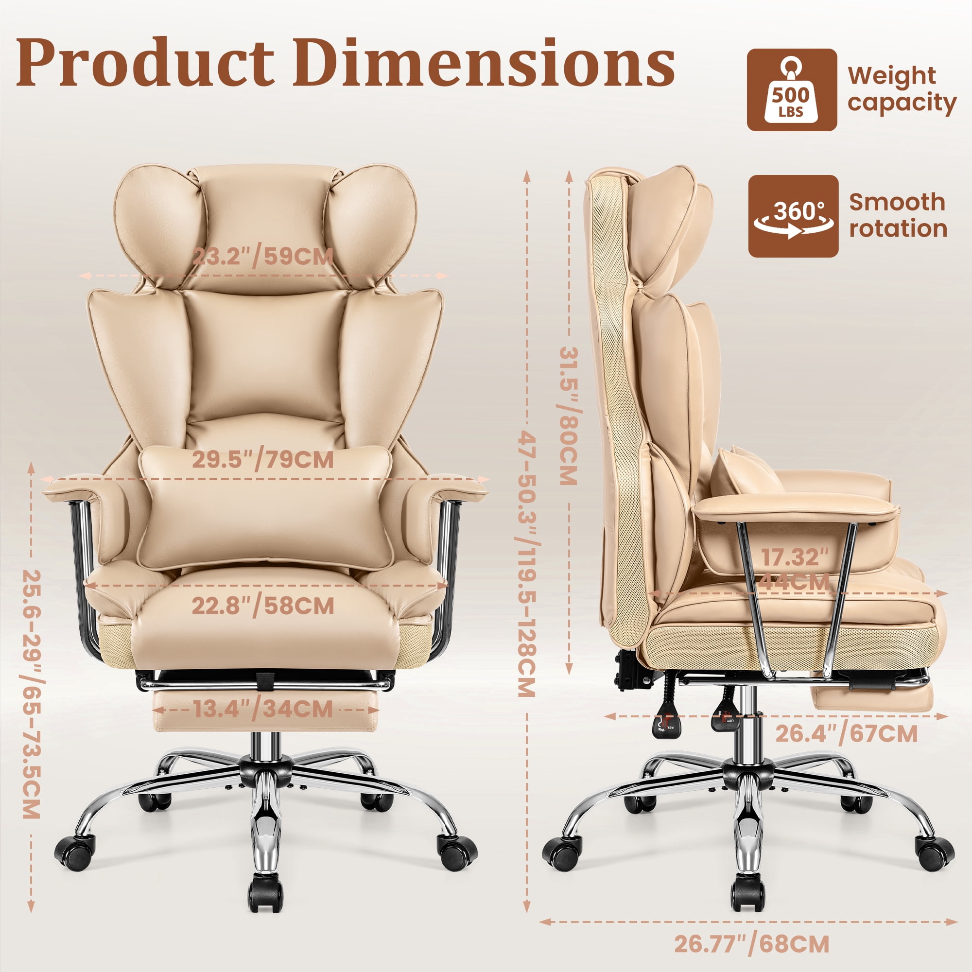 COOLHUT Big and Tall Office Chair 500LBS Wide Seat Ergonomic Computer Desk Chair, PU Leather Executive Office Chair with Footrest, Adjustable Task Chair Lumbar Back Support 8 Hour, Khaki