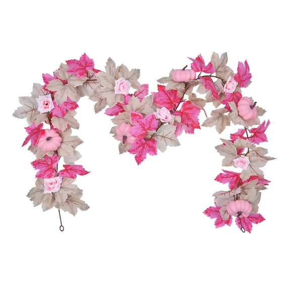 Tarmeek 5.7 Ft Artificial Pink Pumpkin Maple Leaf Fall Garland for Thanksgiving Hanging Decorations for Holiday Wedding Wall Table Home Decor