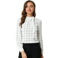 thumbnail image 1 of Camide cuadros de cuadrícucon cuello de pajaripamujer Blusas de trabajo de oficiblanco XL, 1 of 6