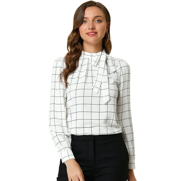 Camide cuadros de cuadrícucon cuello de pajaripamujer Blusas de trabajo de oficiblanco M