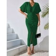 thumbnail image 4 of Womens Metallic Faux Wrap Cocktail Dress Solid Color V-Neck Pleated High Slit Short Sleeve Midi Dress Green XL, 4 of 9