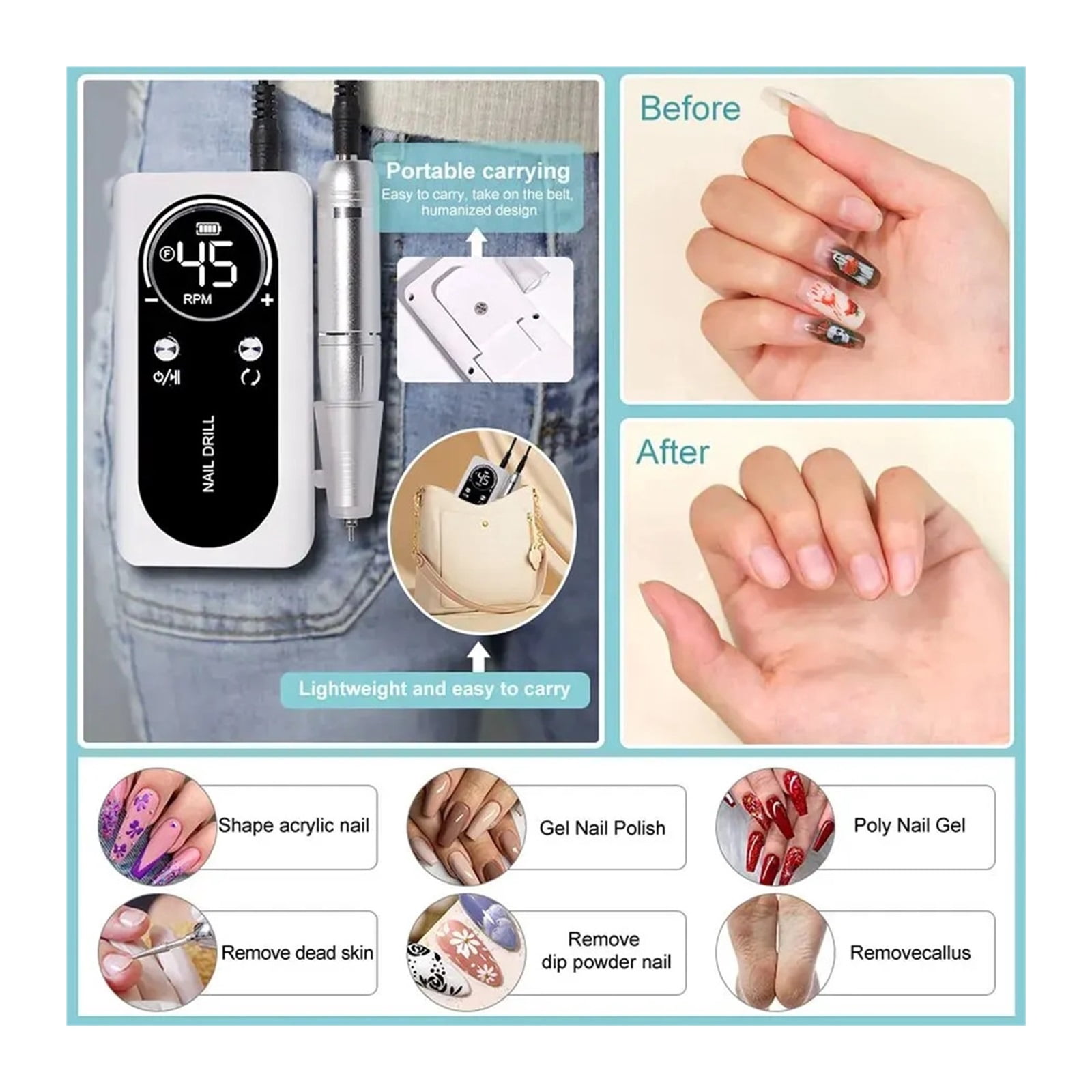 Professional 45000RPM Electric Portable Nail Drill Machine Rechargeable Low Noise Nail Sander File for Manicure Salon Tool