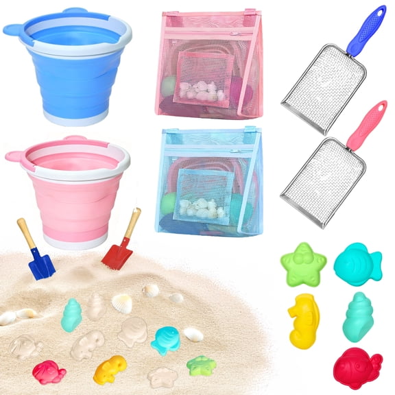 SLUMLOVE Beach Toys Set with Shark Tooth Sifter and Sand Sifter Kit, Collapsible Beach Bucket and Sandbox Toys,Beach Essentials with Mesh Bag and Sand Molds