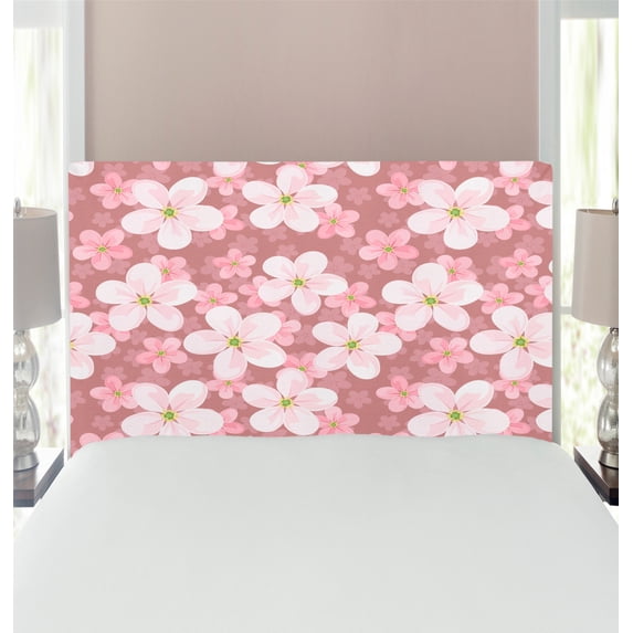 Flower Headboard, Cherry Blossoms Petal Plant Cartoon Sakura Floret Season, Upholstered Decorative Metal Bed Headboard with Memory Foam, Twin Size, Dried Rose White Green, by Ambesonne