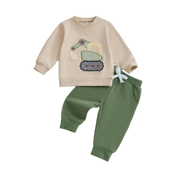 Rovasas Toddler Boy Fall Outfit Excavator Long Sleeve Sweatshirt Solid Joggers
