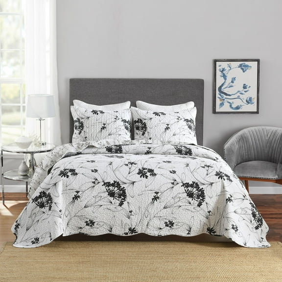 3-Piece Polyester Black and White Botanical Floral Quilt Bedspread Set BY222