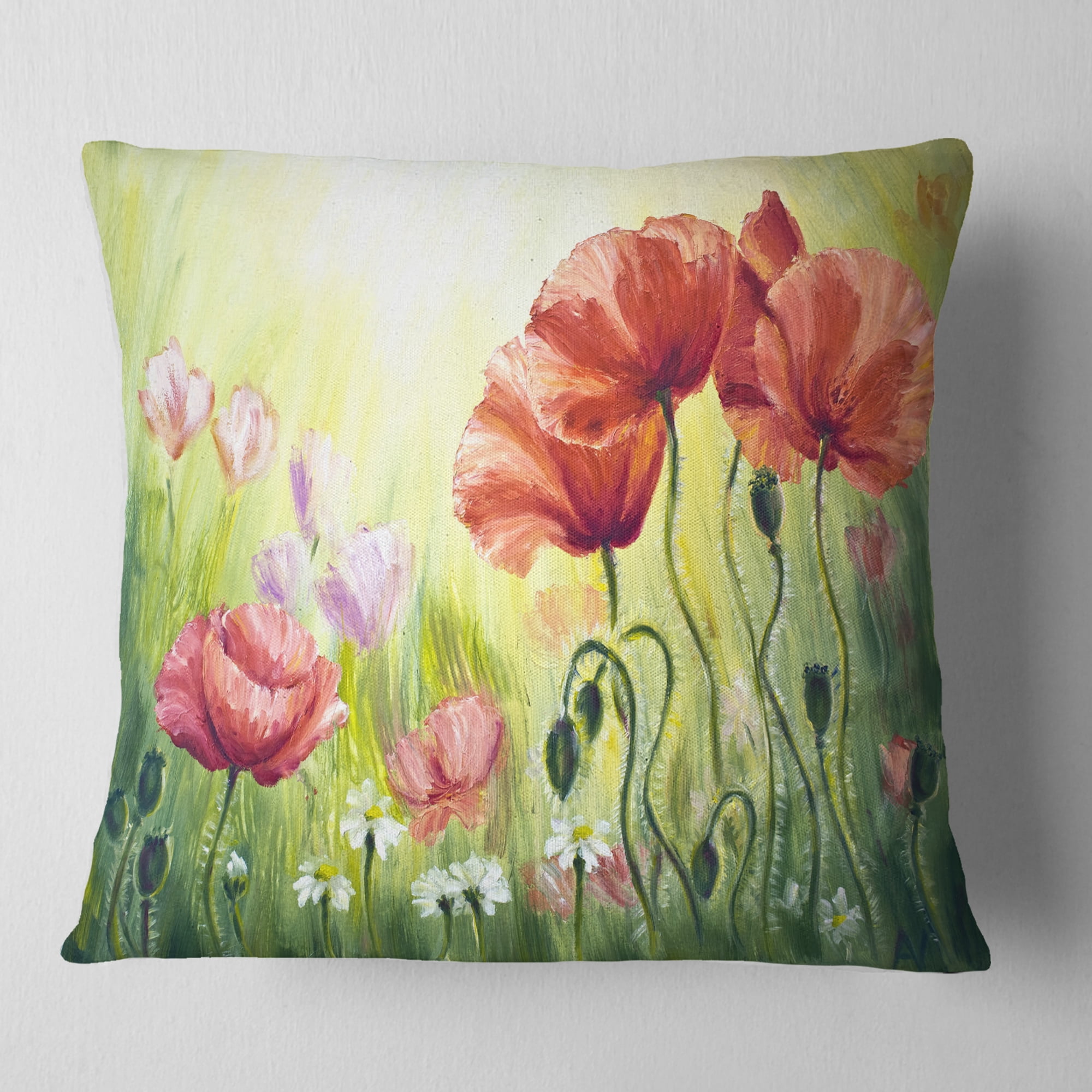 Designart Poppies in Morning - Floral Throw Pillow - 16x16