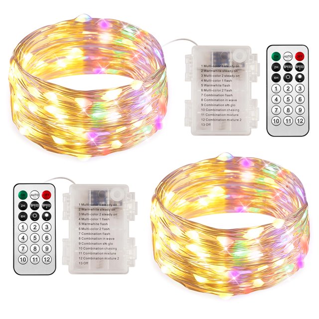 Ariceleo 2 paquetes de luces de cadena de color blanco cálido y multicolor con pilas de 5 m/16,4 pies. Temporizador de Control remoto de 50 LED, 12 modos opcionales, luces de hadas con batería centell