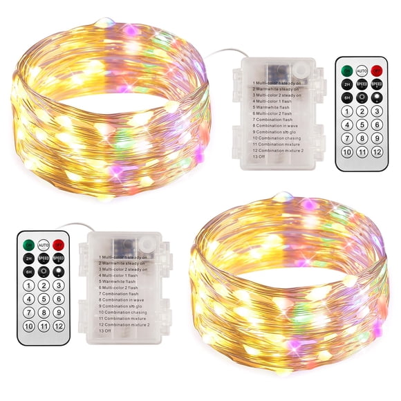Ariceleo 2 paquetes de luces de cadena de color blanco cálido y multicolor con pilas de 5 m/16,4 pies. Temporizador de Control remoto de 50 LED, 12 modos opcionales, luces de hadas con batería centell