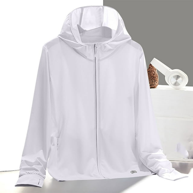 WRKEKC Summer Reflective UPF 50+ Hooded Jacket Lightweight Breathable Solid Color Night Running Essential for Women White M