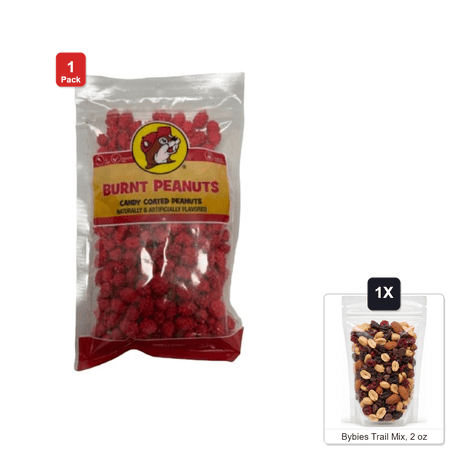 Buc-ee's Burnt Peanuts, 1 Bag, 12 oz, with Bybies Trail Mix, 2 oz