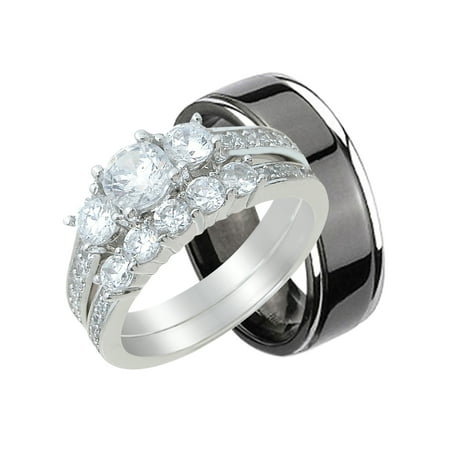 Black Titanium Segment Rings - His Hers CZ Wedding Ring Set Sterling Silver and Black Plated Titanium (6/11)