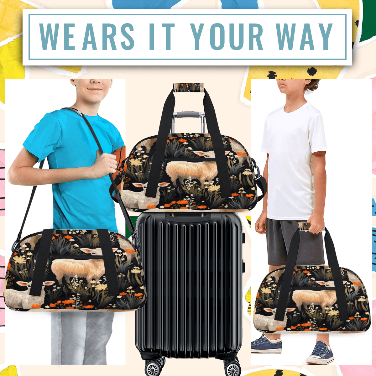 Herdesigns Cute Sheep Print Sports Duffle Bag for Women & Men, Animals Gym Bag Dance Bag Overnight Bag Carry On Weekender Travel Bag