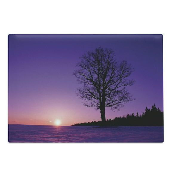 Tree Cutting Board, Oak Tree at Sunset Snowy Field Wintertime Nature Landscape Wilderness Scene Print, Decorative Tempered Glass Cutting and Serving Board, Large Size, Purple Black, by Ambesonne