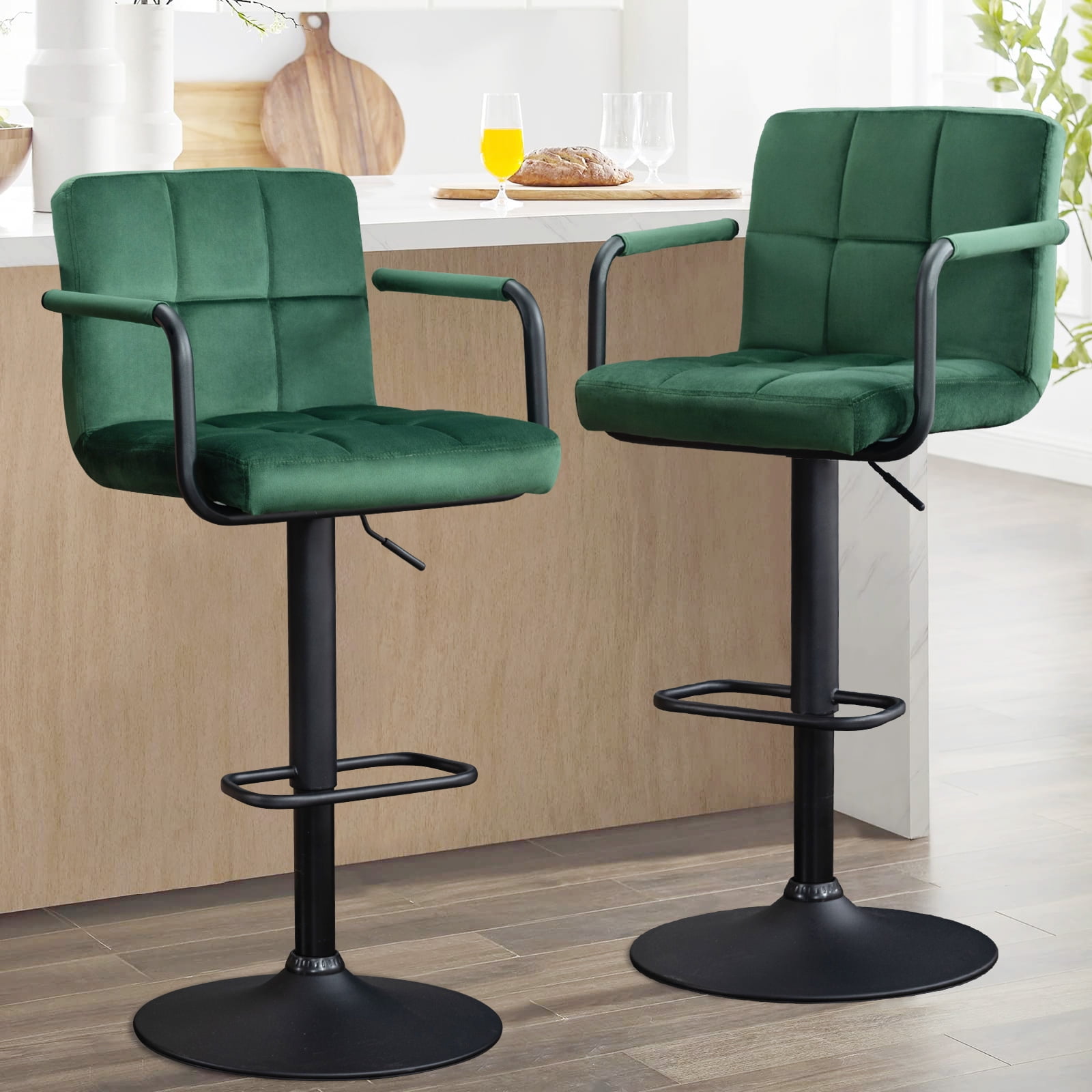 Velvet Adjustable Bar Stool Swivel Barstools Set of 2 Counter Stools with Armrest and Footrest