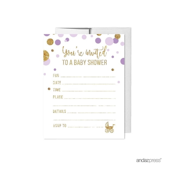 Koyal Wholesale Lavender Gold Glitter Girl Baby Shower Paper Invitations, Blank Cards with Envelopes, 20-Pack