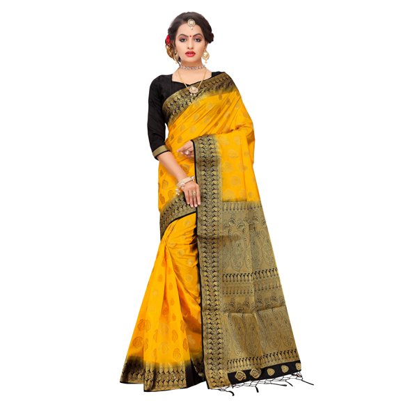Elina Fashion Sarees For Women's Banarasi Art Silk Woven Work Saree l Indian Wedding Sari & Blouse Piece (Yellow)