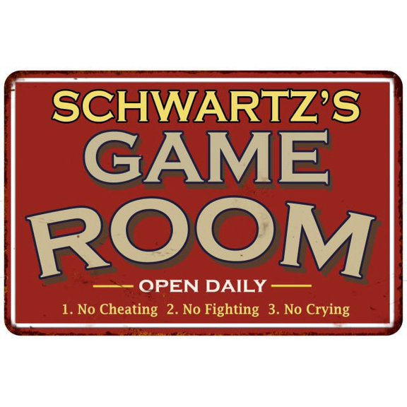 SCHWARTZ'S Game Room Sign Vintage Look 8 x 12 High Gloss Metal 208120001414