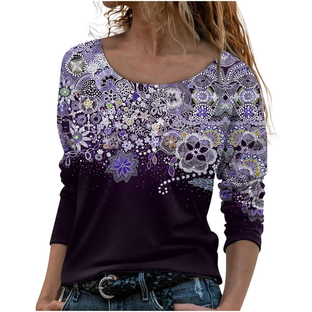 Moda mujer Casual impresión cuello redondo manga larga suelta camiseta otoño blusa pulóver Tops Pompotops FGAJ6202