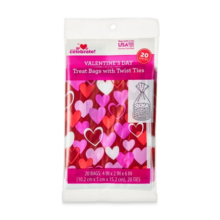 Valentine's Red Hearts Cello Mini Party Treat Bags with Twist Ties, 4"x6", 20 Ct, Way To Celebrate