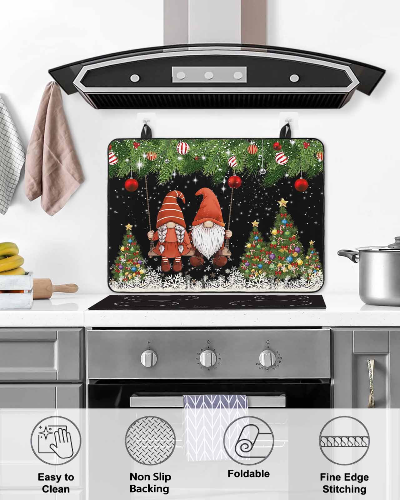 Large Induction Cooktop Protector Mat Black Gnomes Christmas Stove Top Covers for Electric Stove, Xmas Tree Balls Snowflake Decorative Stove Burner Cover Mats, Glass Top Stove Cover