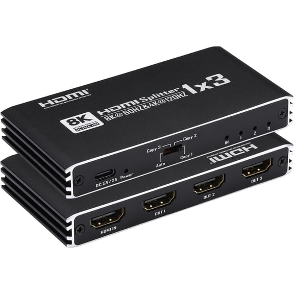 8K@60Hz HDMI 2.1 Splitter Cable 1 in 3 Out 1x3, Support 4K@120Hz 1080P@240Hz 48Gbps VRR HDCP2.3 HDR HDR10 EDID Dolby Atmos 7.1ch Audio, Only Duplicate/Mirror Screens Not Extend
