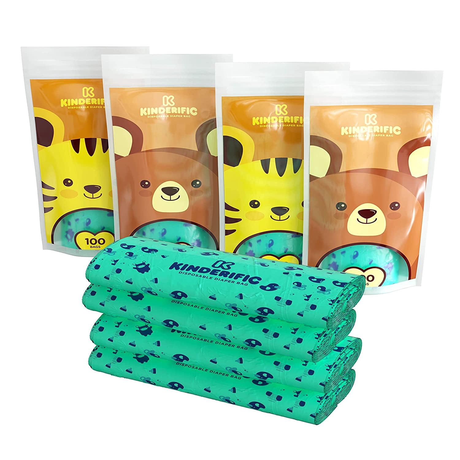 Disposable Diaper Bags, by Kinderific, Fresh Scent, Packed in 4 Resealable Ziploc Bags, 400 Bags